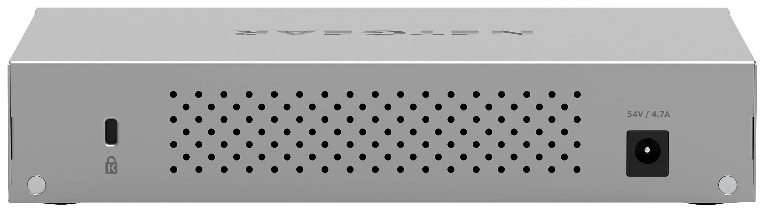 Szary switch sieciowy z otworami wentylacyjnymi na przedniej ścianie i gniazdem zasilania po prawej stronie.