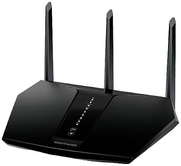 Router WLAN z trzema antenami, w kolorze czarnym, model 'Nighthawk'. Opracowany z myślą o wysokiej prędkości i ulepszokim zasięgu sieci.