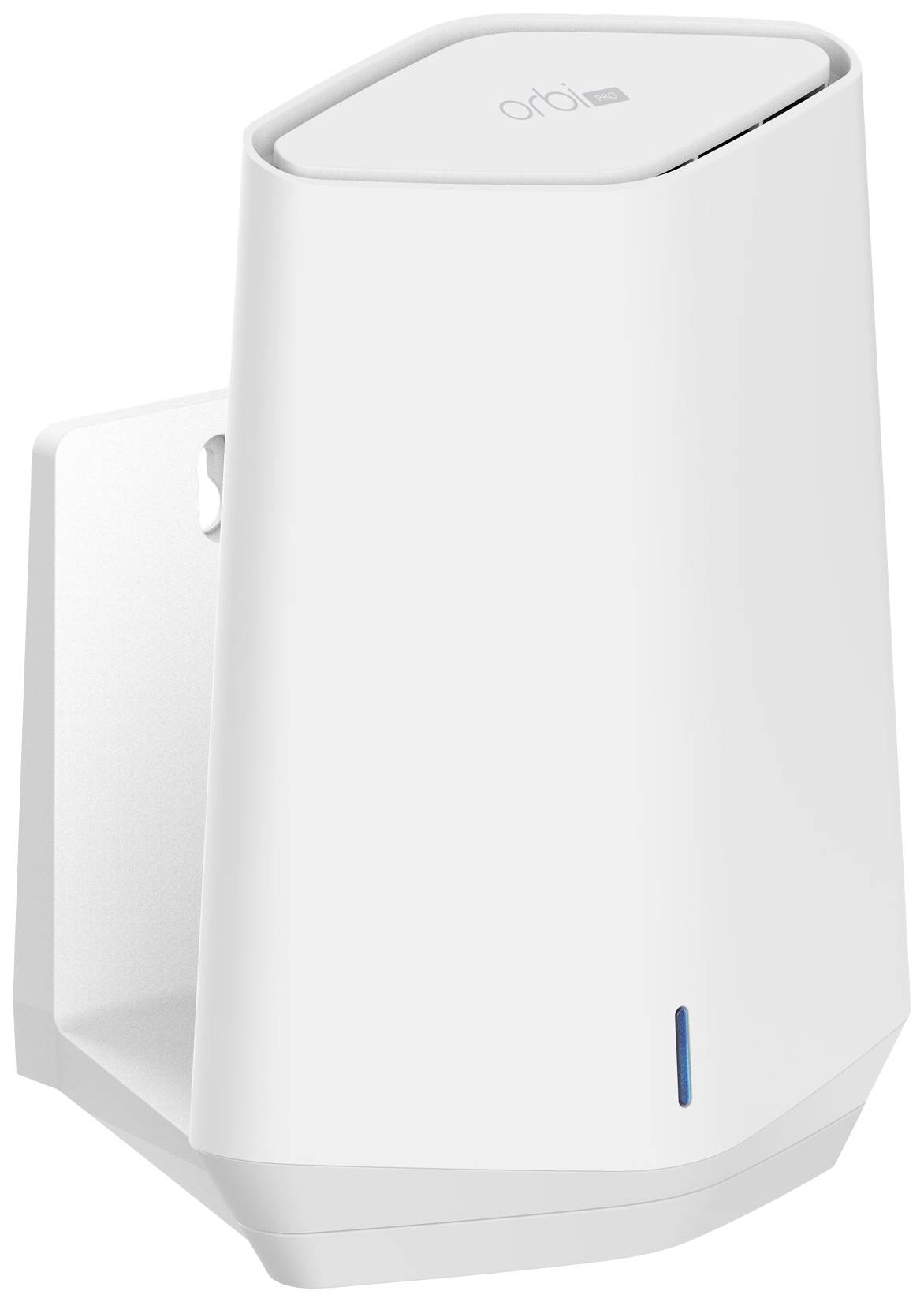 Biały, nowoczesny router WiFi z niebieskim światłem LED, stojący pionowo na płaskiej powierzchni.