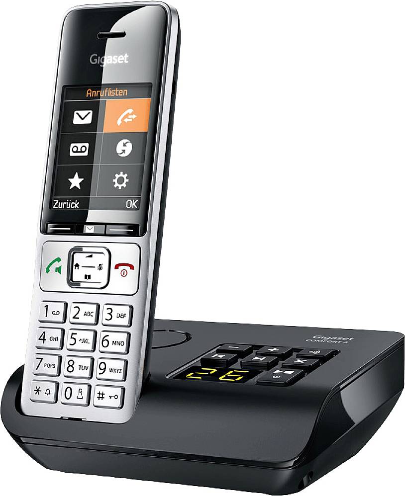 Bezprzewodowy telefon stacjonarny z bazą. Na wyświetlaczu widoczne są różne symbole oraz napis 'Lista połączeń'. Widoczne są przyciski.