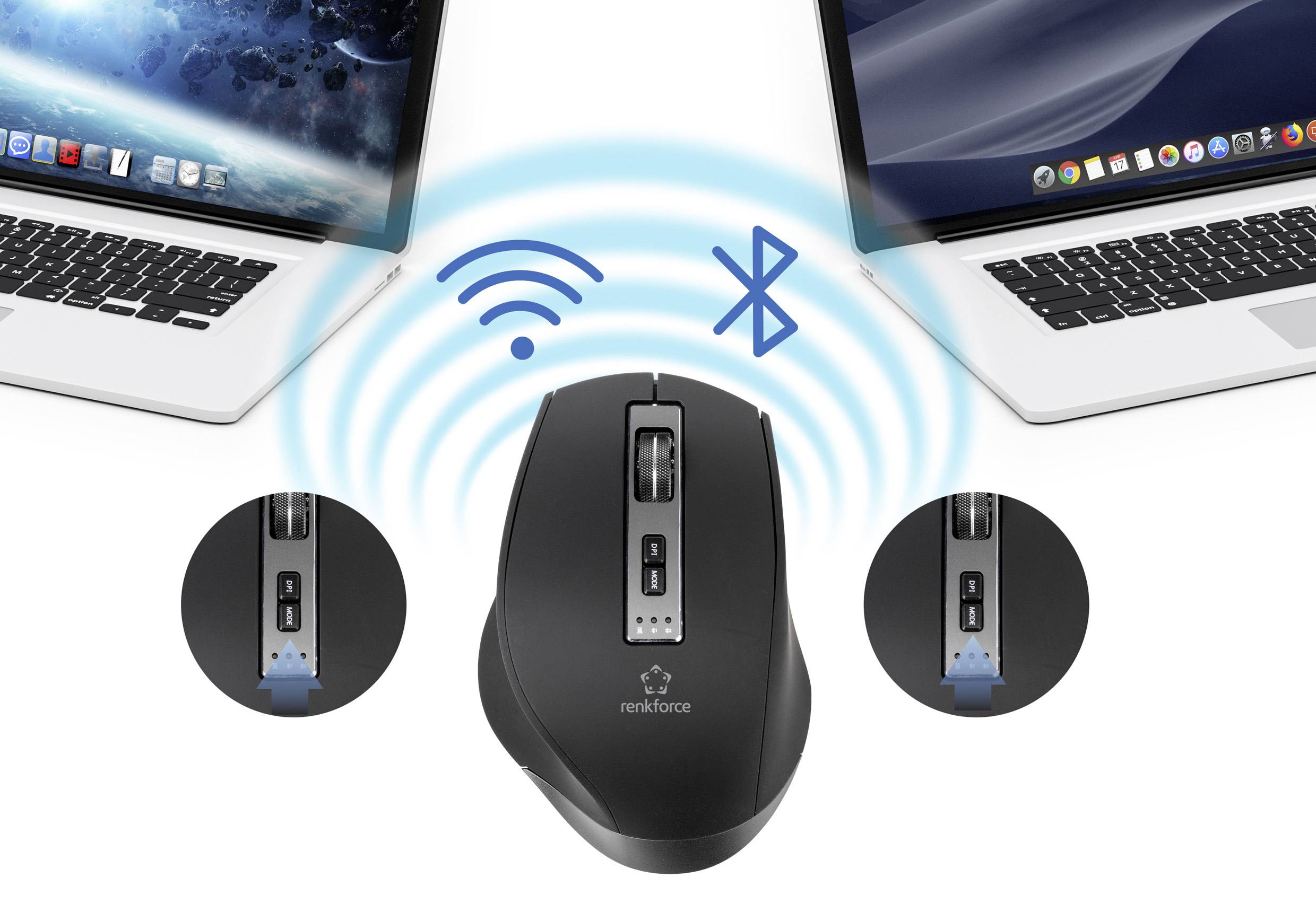 Bezprzewodowa mysz w środku jednocześnie łączy się z dwoma laptopami za pośrednictwem Wi-Fi i Bluetooth.