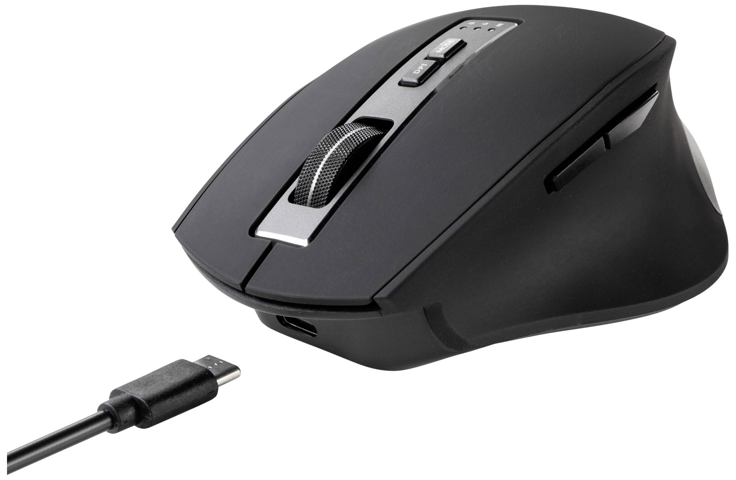 Czarna bezprzewodowa mysz komputerowa o ergonomicznym designie z rolką przewijania, obok niej kabel USB do ładowania.