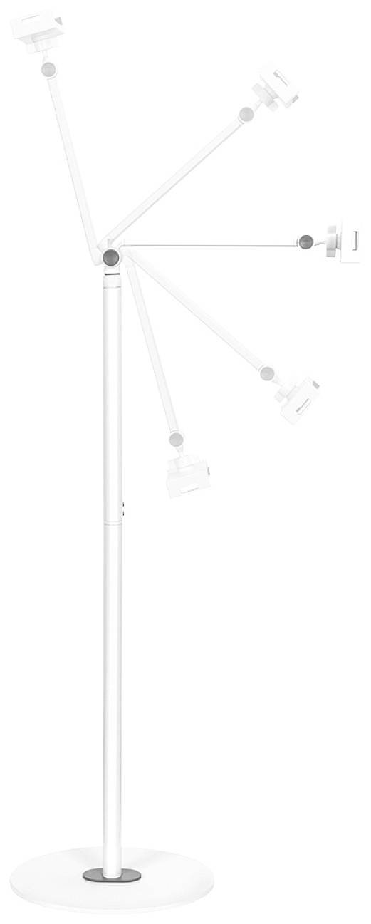 Biały, regulowany stojak z obrotowym ramieniem, który może przyjmować różne pozycje, odpowiedni do podtrzymywania urządzeń.