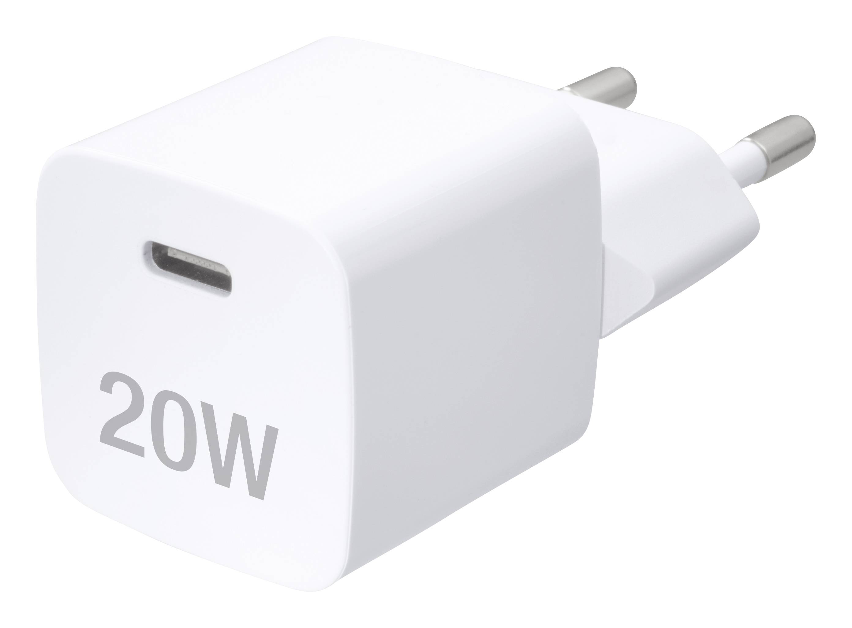 Biała ładowarka USB-C o mocy 20W z dwoma okrągłymi stykami do zasilania.