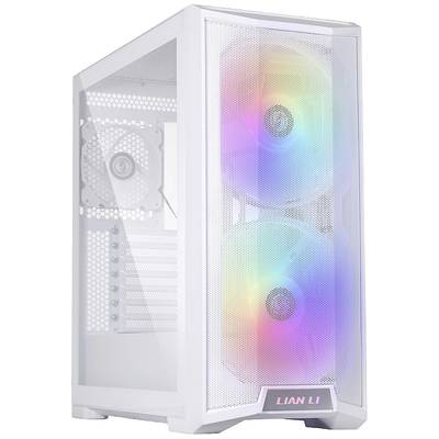 Białe obudowie komputera z przezroczystym panelem bocznym widoczne są dwa duże wentylatory z podświetleniem RGB na przedniej ścianie.
