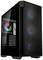 Czarna obudowa komputera z przezroczystym panelem bocznym prezentuje kolorowe wentylatory LED na przedniej części oraz widok wnętrza.