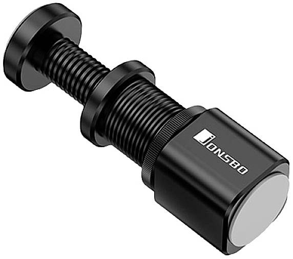 Czarna, cylindryczna prasa metalowa z mechanizmem śrubowym, z oznakowaniem logo firmy po boku. Urządzenie przeznaczone do zastosowań w dziedzinie technicznej.