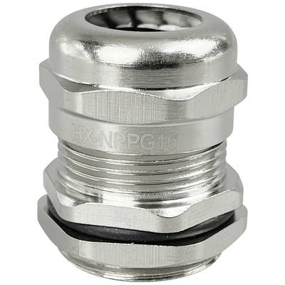 Metalowa złączka kablowa z gwintem i czarnym uszczelnieniem. Obróbka powierzchni nadaje srebrzyste błyszczące wykończenie. Model 'HX-NPPG16'.
