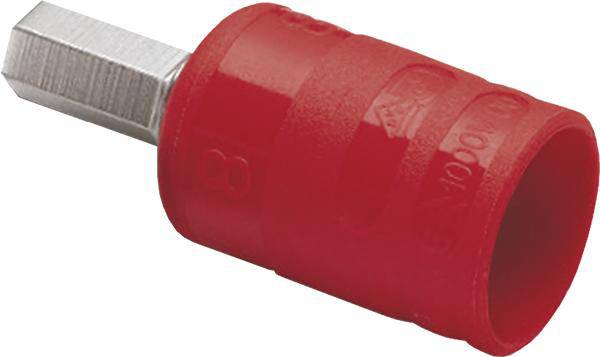 Czerwony, izolowany nasadowy klucz z sześciokątnym metalowym końcem, odpowiedni do prac elektrycznych.