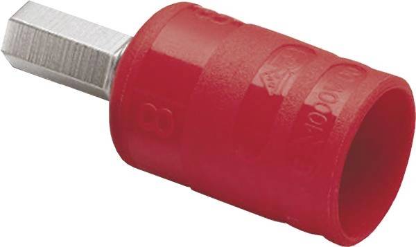 Czerwony sześciokątny adapter bitowy do śrub, w kształcie walca.