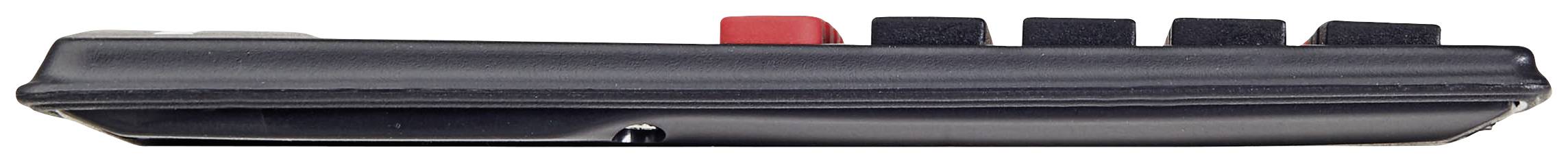 Płaski, czarny kalkulator ustawiony bokiem, prezentujący profil klawiszy. Jedna czerwona klawiatura jest wyróżniona.