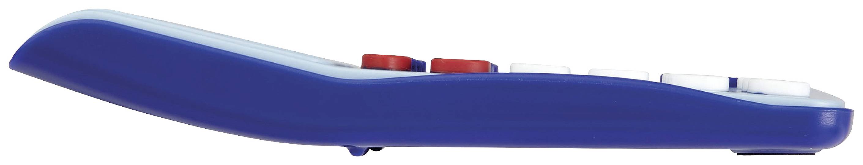 Niebieskie piloty zdalnego sterowania, widok z boku z widocznymi czerwonymi i białymi przyciskami.