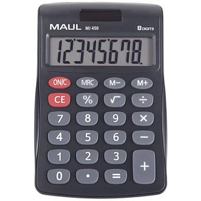 Czarny kalkulator z wyświetlaczem pokazującym cyfry '12345678'. Posiada przyciski do podstawowych funkcji matematycznych, takich jak dodawanie, odejmowanie, procent.