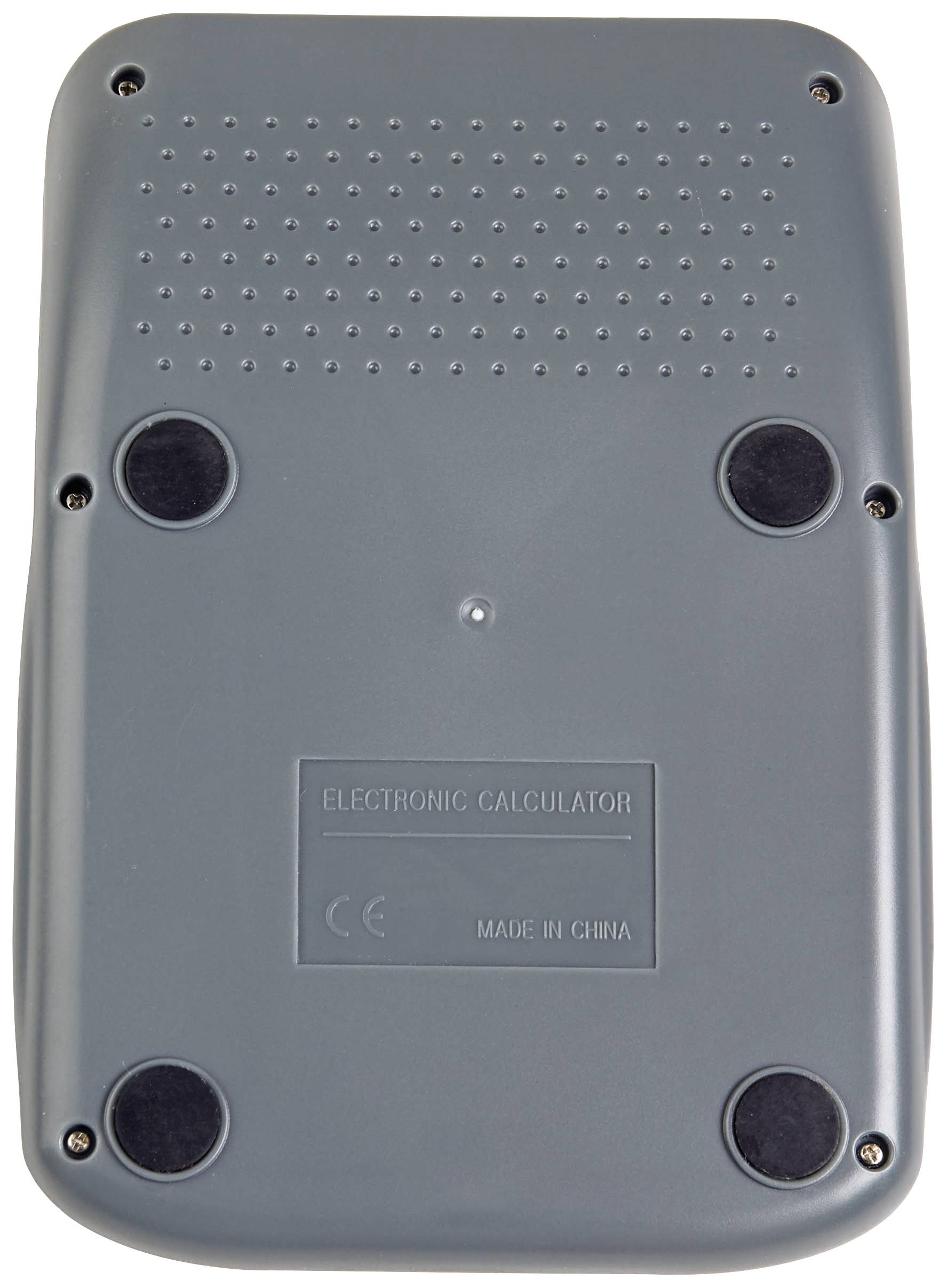 Tylna strona szarego elektronicznego kalkulatora z czterema okrągłymi gumowymi stopkami, z napisem 'Electronic Calculator' i 'Made in China'.