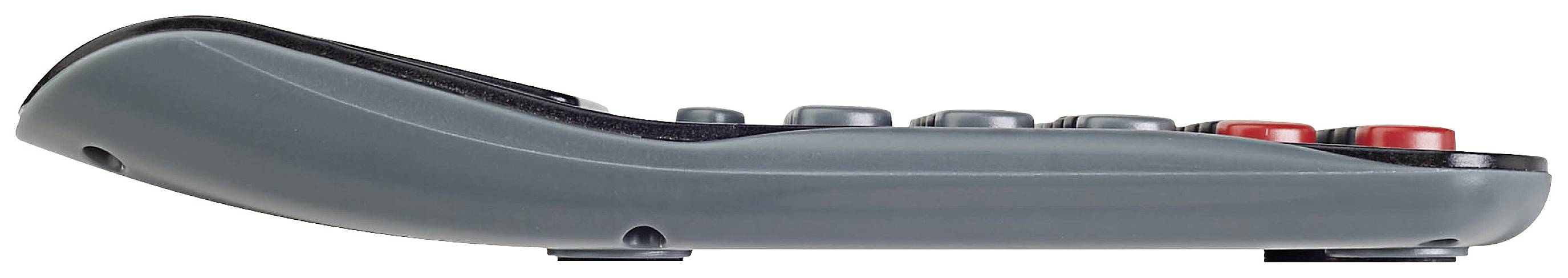 Widok z boku pilota zdalnego sterowania z jasnoszarą obudową i kilkoma widocznymi przyciskami na górnej powierzchni.