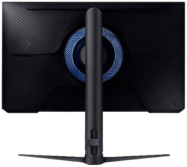 Widok z tyłu czarnego ekranu komputerowego z niebieskim podświetlonym pierścieniem. Prostokątny ekran z centralną podstawą.