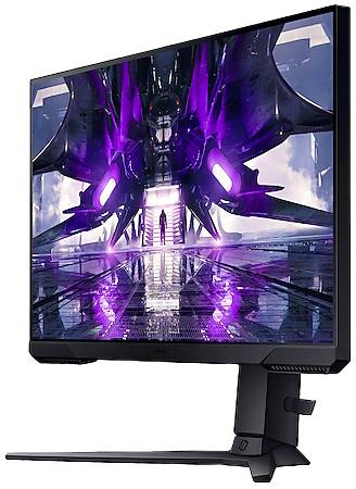 Monitor do gier z futurystycznym, fioletowym podświetleniem na ekranie. Monitor stoi na czarnej podstawie.