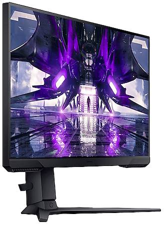 Monitor do gier wyświetla futurystyczny scenariusz science fiction z fioletowo podświetlonym statkiem kosmicznym i osobą na rampie.