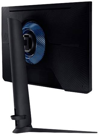 Widok z tyłu czarnego monitora komputerowego z niebieskim, okrągłym wzorem pośrodku. Monitor wyposażony jest w smukłą podstawę.