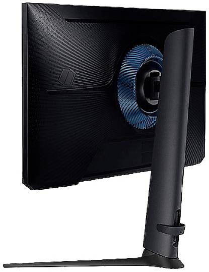 Widok z tyłu monitora gamingowego o futurystycznym designie. Niebieskie akcenty wokół centralnego, okrągłego obszaru na tylnej części obudowy.