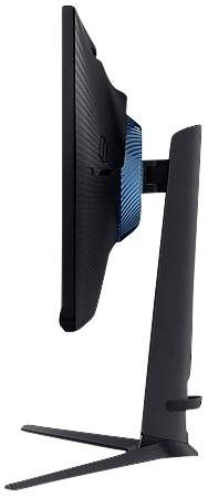 Widok z boku smukłego, nowoczesnego monitora komputerowego w niebiesko-czarnej kolorystyce, stojącego na podstawce w kształcie litery V.