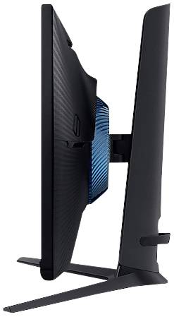 Widok z boku cienkiego ekranu komputerowego z niebieskim wstawką w tle, stojącego na wąskiej podstawie.