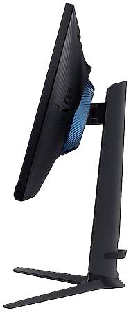 Czarny monitor komputerowy widziany z boku, z niebieskim efektem świetlnym na tylnej części, osadzony na stabilnej czarnej podstawie.