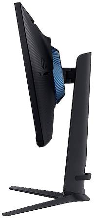 Monitor w widoku z boku o smukłej sylwetce, czarnej ramce i regulowanej podstawce.