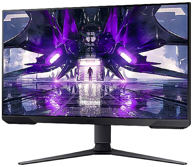 Czarny monitor komputerowy wyświetla futurystyczny, fioletowo-czarny statek kosmiczny z małą postacią stojącą pośrodku.