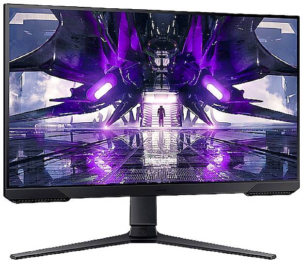 Ekran komputera wyświetla futurystyczny, purpurowy statek kosmiczny oraz małą postać na oświetlonej ścieżce.