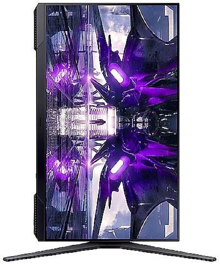 Pionowo ustawiony monitor wyświetla żywy, abstrakcyjny wzór w odcieniach fioletu i błękitu. Motyw wygląda dynamicznie i futurystycznie.