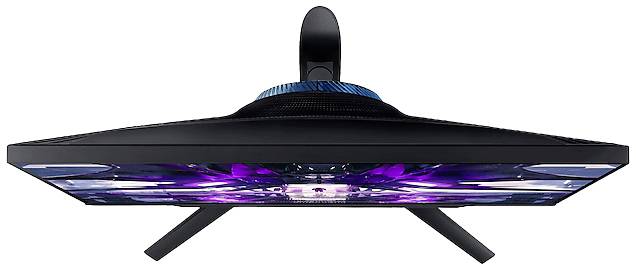 'Monitor o smukłym profilu widziany od dołu, z niebieskim i fioletowym podświetleniem z tyłu, o stylowym i nowoczesnym wyglądzie.'