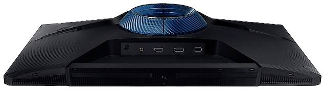 Czarny, płaski sprzęt elektroniczny z portami przyłączeniowymi i niebiesko podświetloną wentylacją z tyłu.