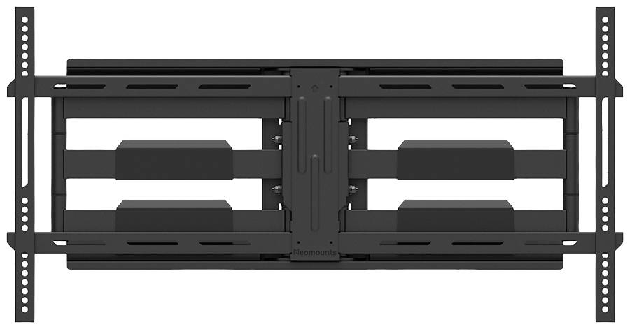 'Czarna, regulowana metalowa ścienna podstawa pod telewizor, montowana poziomo, z wieloma punktami mocowania do różnych rozmiarów ekranów.'