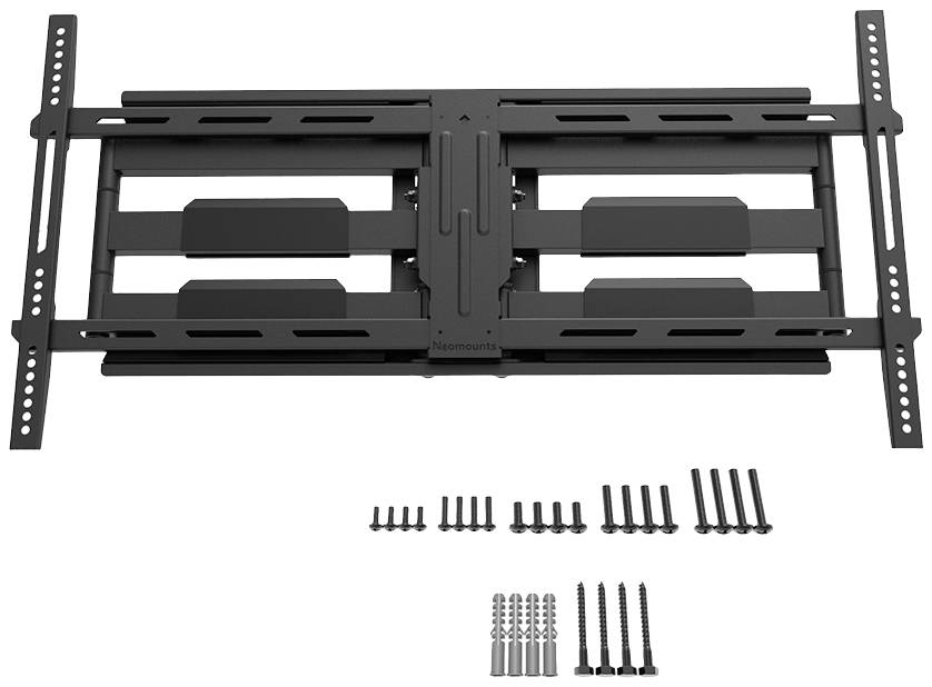 Czarna metalowa wieszana podstawa pod telewizor z wieloma śrubami mocującymi i kołkami rozporowymi, sfotografowana na białym tle.