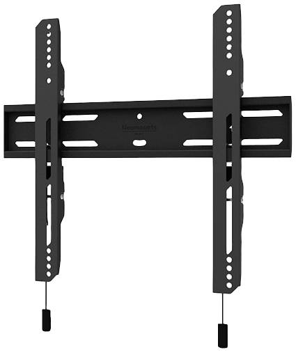 Czarna ścienna podstawa pod telewizor z regulowanymi ramionami i otworami montażowymi do zamocowania na ścianie.