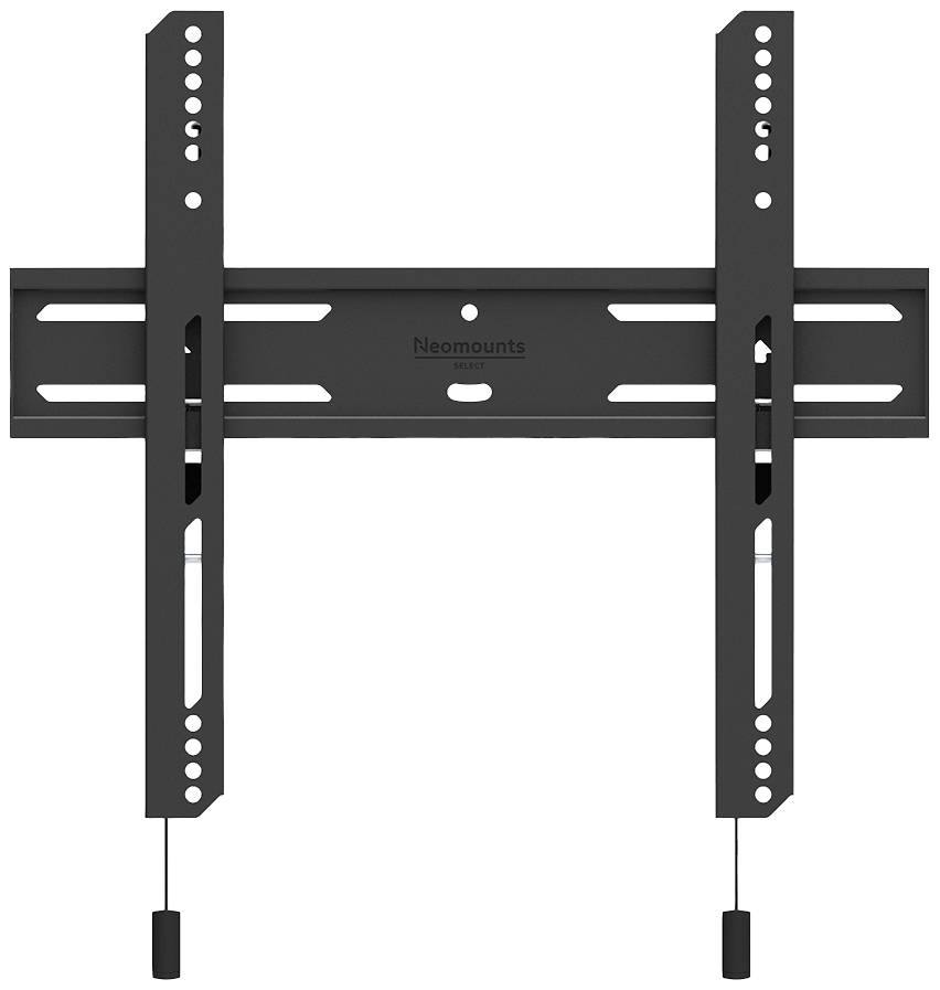 Czarny uchwyt ścienny do telewizora marki Neomounts, wyposażony w pionowe i poziome wsporniki zapewniające stabilne zamocowanie na ścianie.