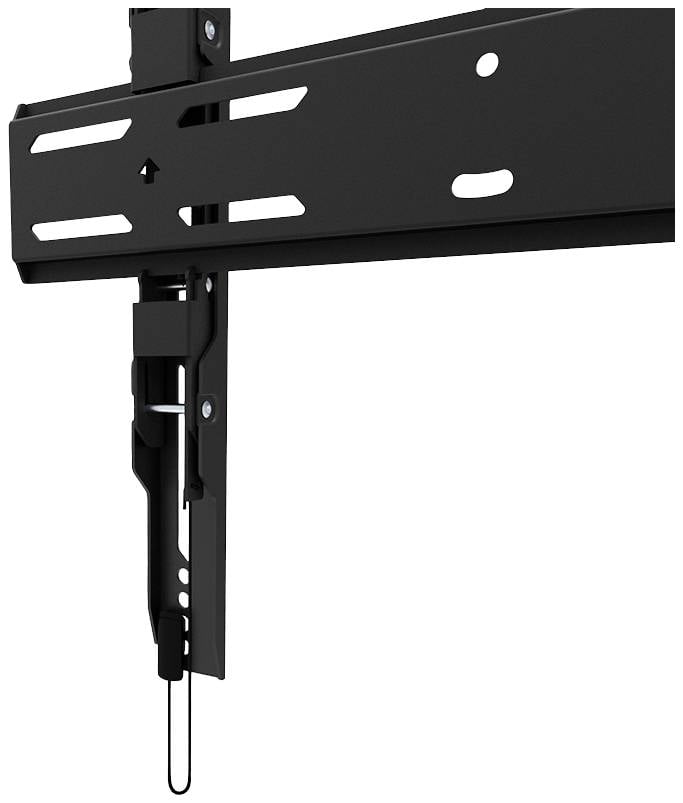 Czarna podstawa ścienna z pionowymi i poziomymi szynami. Odpowiednia do mocowania płaskich ekranów na ścianie.