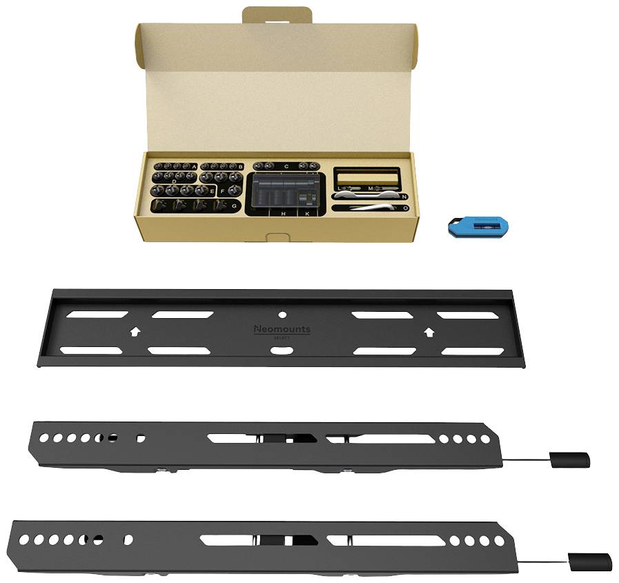 Zestaw montażowy do uchwytów ściennych, składający się ze śrub, zestawu narzędzi, płyty ściennej i dwóch szyn montażowych.