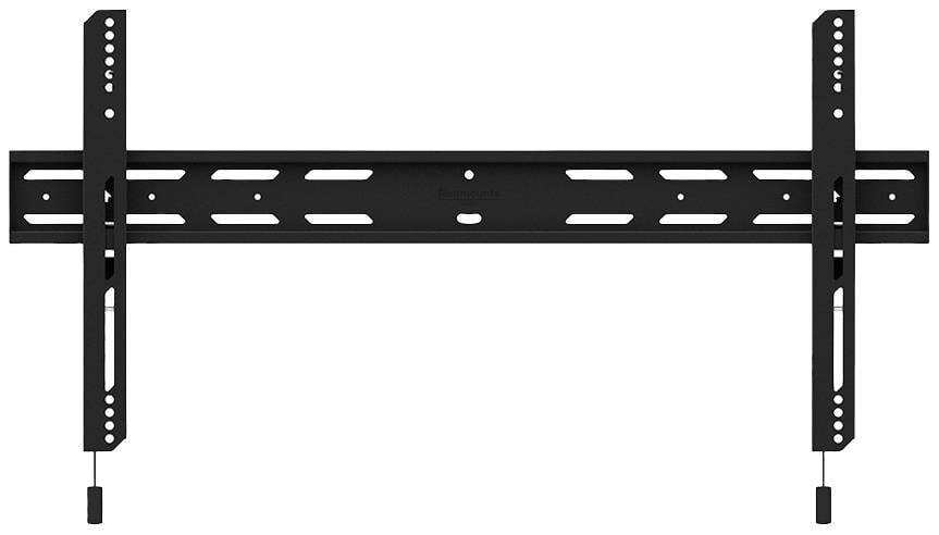 Metalowy, czarny, płaski uchwyt ścienny do telewizora, odpowiedni do dużych ekranów, wyposażony w wielootworowy system montażowy zapewniający elastyczną instalację.