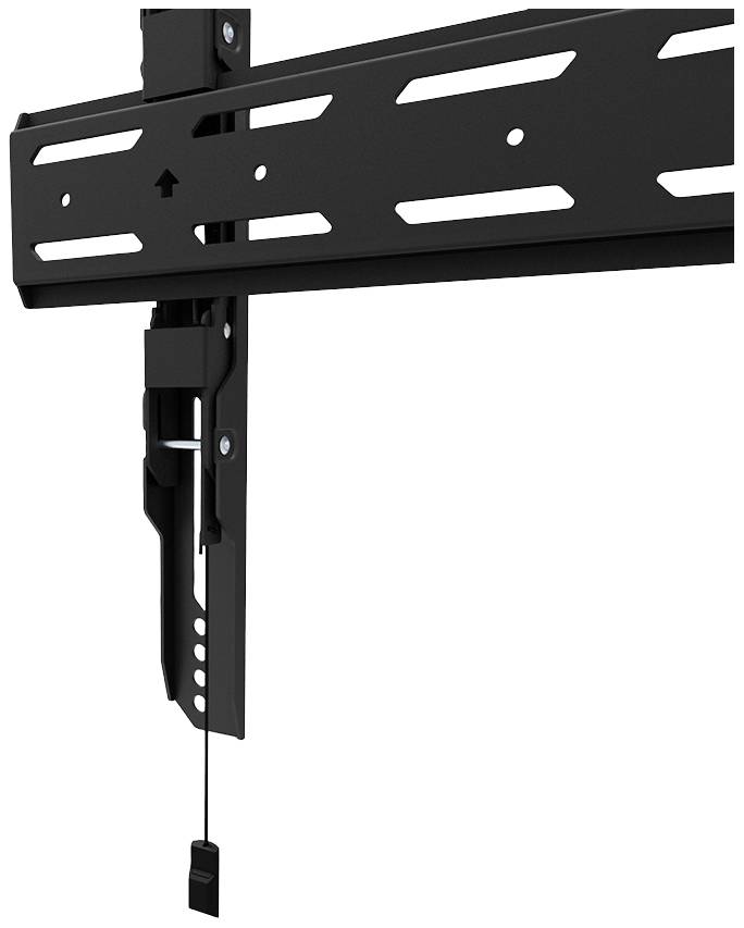 Czarny mechanizm naścienny do telewizorów z regulowanymi szynami i zaciskami zabezpieczającymi.