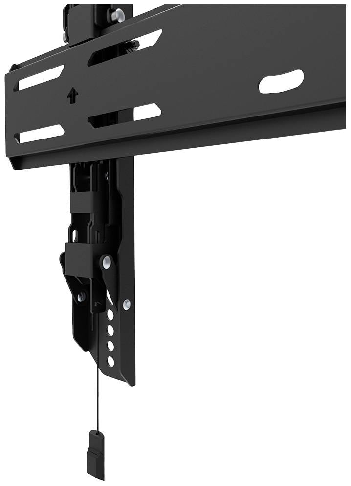 Czarna metalowa ścienna podstawa do telewizora z wieloma otworami na śruby i elementem mocującym u dołu.