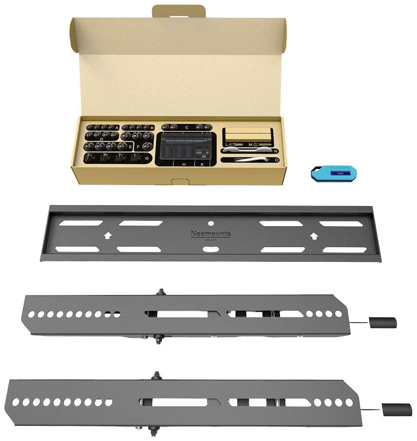 Zestaw mocowań ściennych do telewizora, składający się z szyn montażowych, śrub i narzędzia pomiarowego. Opakowanie w tle.