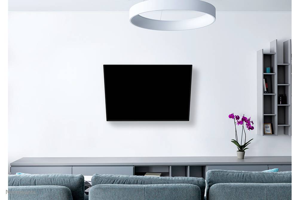 Nowoczesny salon z telewizorem zamontowanym na ścianie, niebieską sofą i regałem z fioletową orchideą.