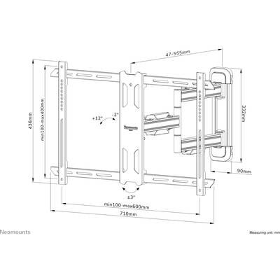 Uchwyt ścienny do telewizora, regulowany w pionie i poziomie, kompatybilny ze standardami VESA do 600x400mm, wysuwany w zakresie 47-555mm, maksymalny kąt pochylenia +12°/-2°.