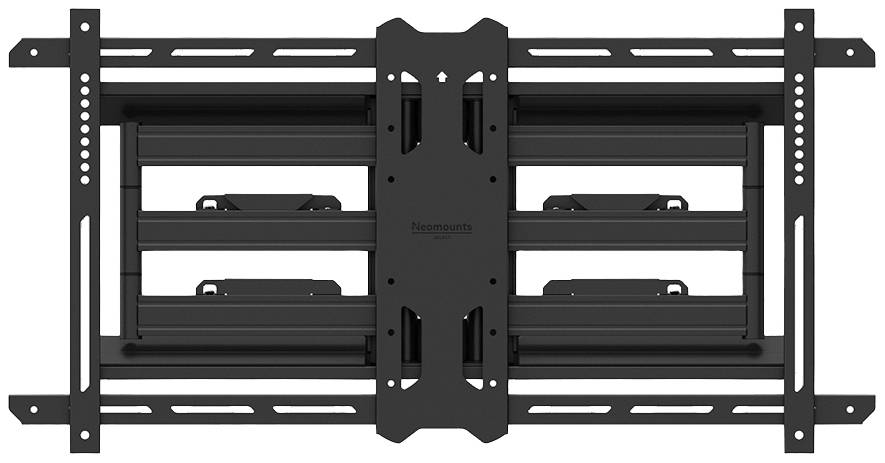 Czarna ścienna podstawa do telewizora z różnymi uchwytami i szynami do zamocowania płaskiego ekranu na ścianie.