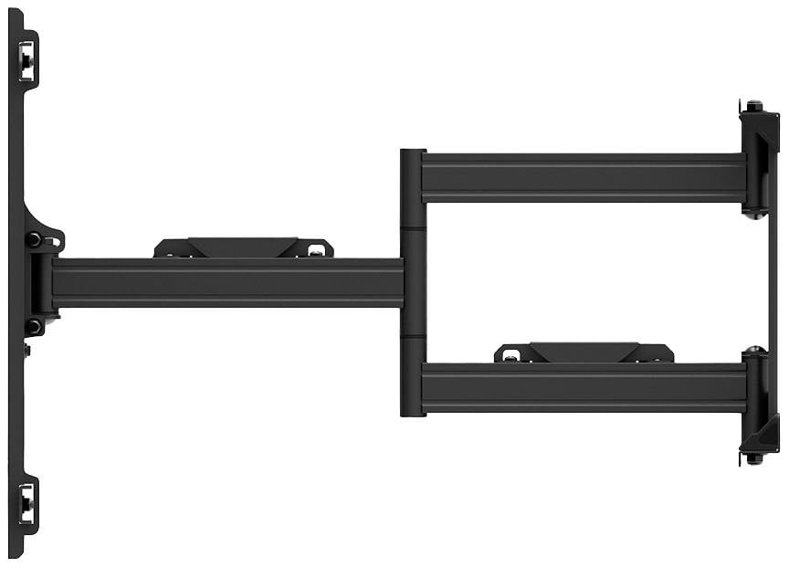 Czarna metalowa obrotowa ścienna podstawa pod telewizor, w pozycji rozłożonej. Odpowiednia dla płaskich ekranów, umożliwiająca elastyczne ustawienie.