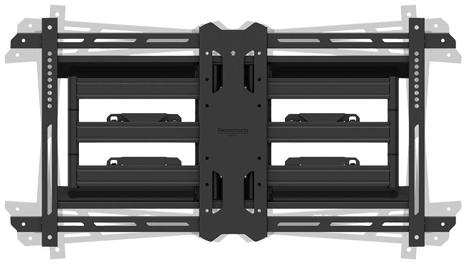 Czarny, prostokątny uchwyt ścienny do telewizora z dwoma ramionami i wieloma otworami montażowymi, które umożliwiają elastyczne zamocowanie.