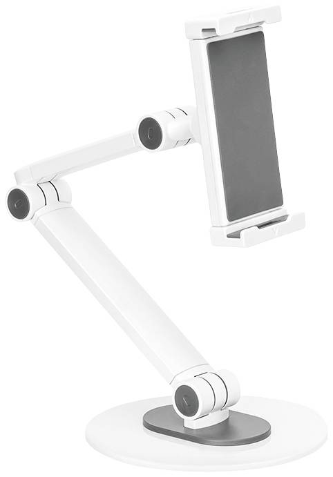 Biały, regulowany stojak na tablet z okrągłą podstawą i elastycznym ramieniem, umożliwiający dopasowanie pozycji tabletu.