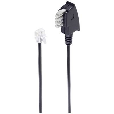 Czarny kabel telefoniczny z wtyczką RJ11 i wtyczką TAE-F, używany do podłączania stacjonarnych telefonów do gniazda telefonicznego.